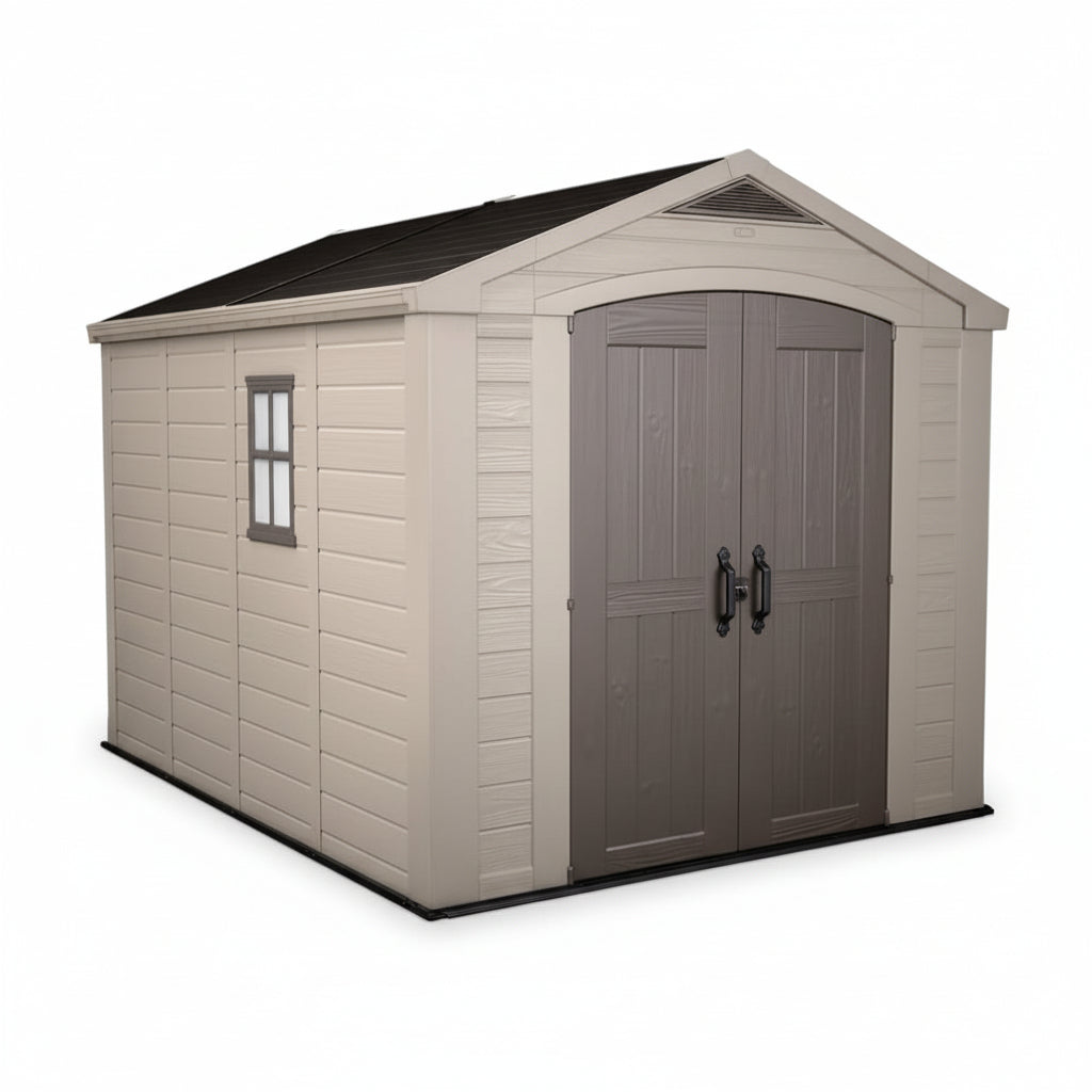Factor 8x11ft  Outdoor Garden Storage Shed - Beige Resin, Steel-Reinforced