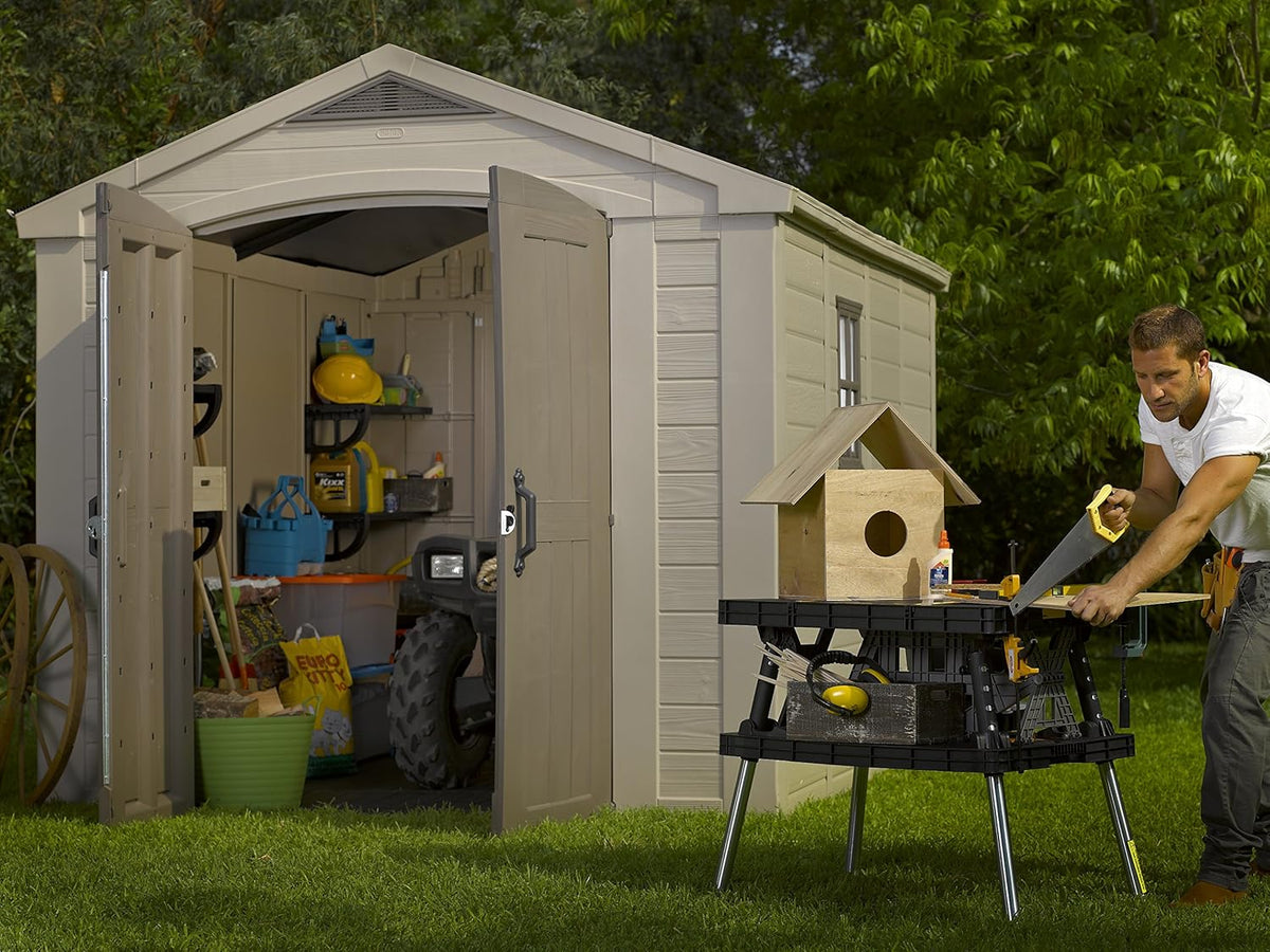 Factor 8x11ft  Outdoor Garden Storage Shed - Beige Resin, Steel-Reinforced